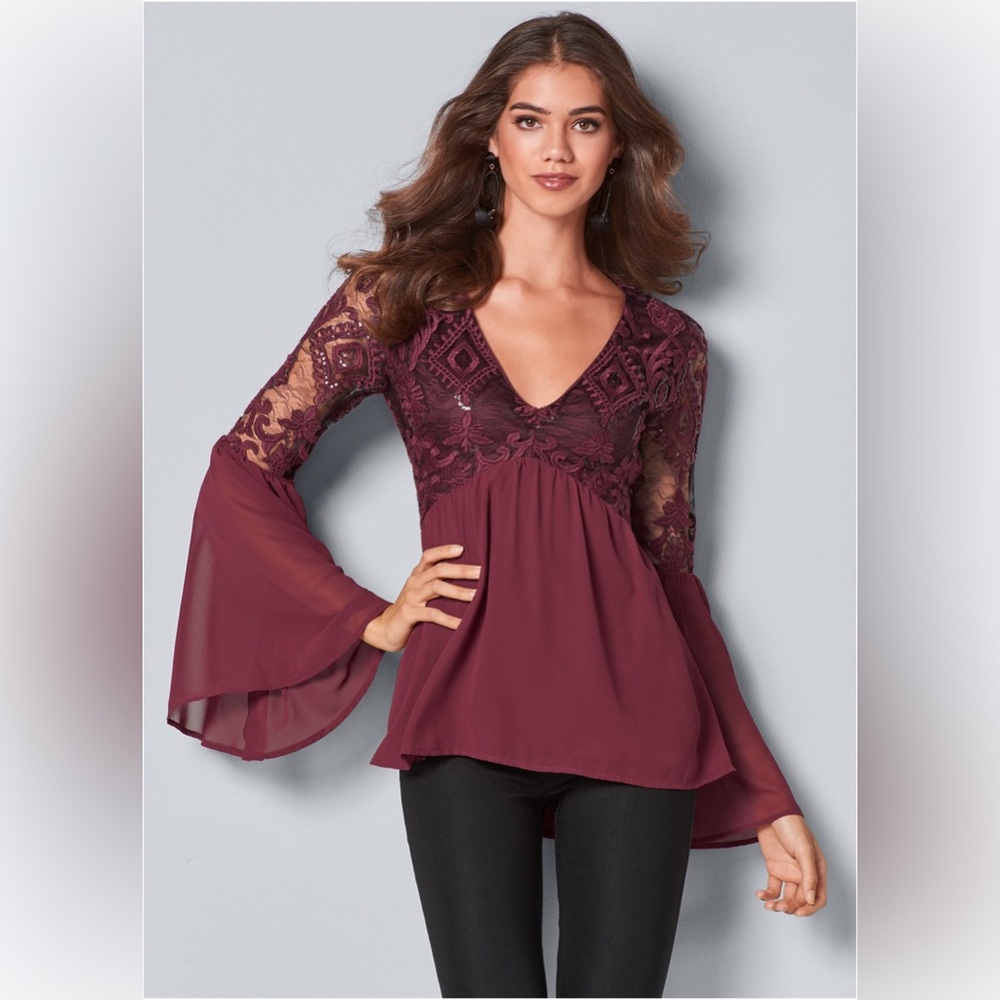 Venus Burgundy Floral Bell Sleeve Blouse